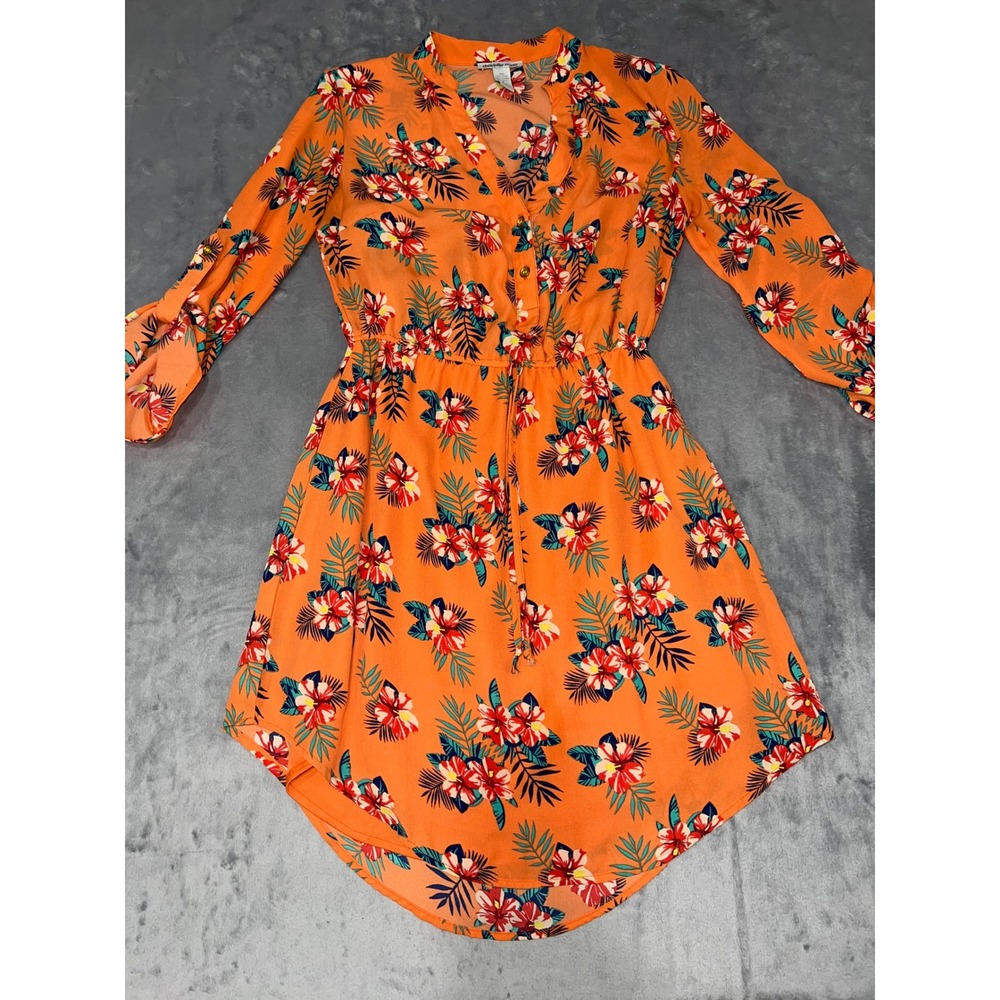 Charlotte Russe Orange Tropical Floral Roll Tab Sleeve Mini Dress Small